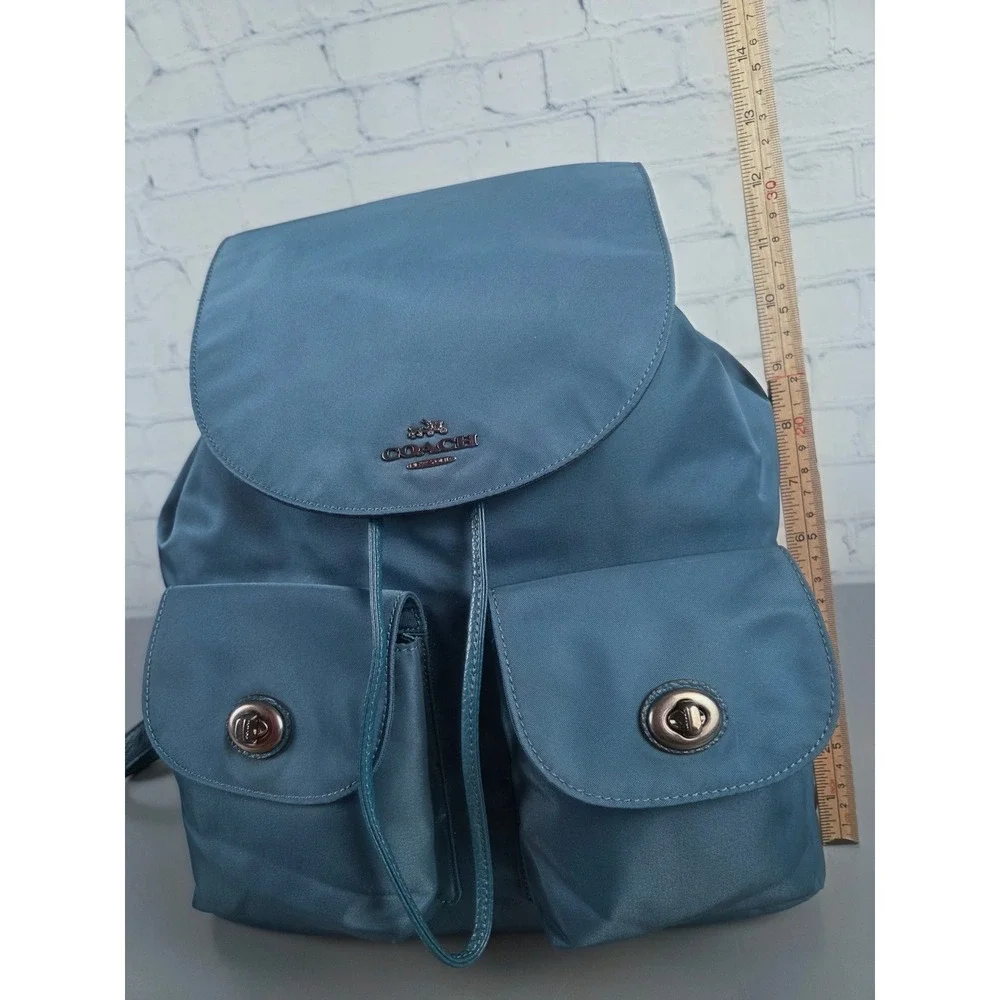 Coach Blue Teal Nylon Leather Backpack F58814 Silvertone Turnlock Bag Womens